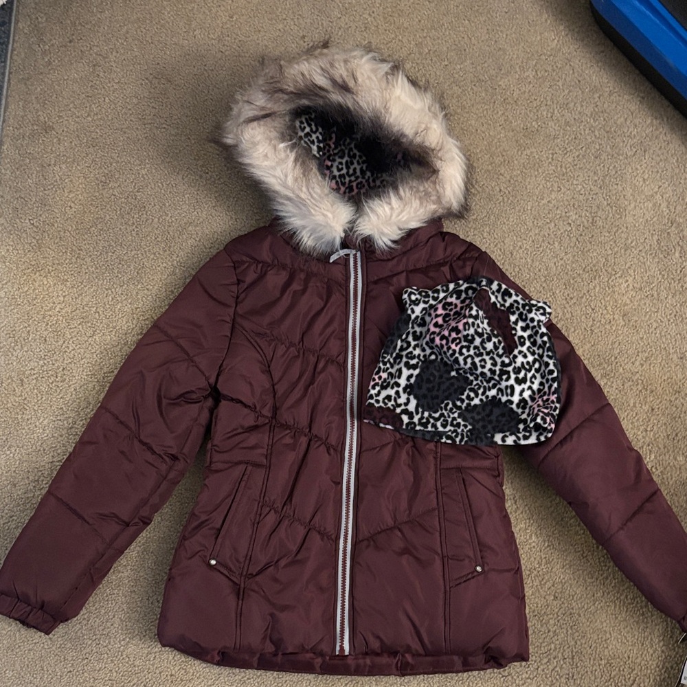 Macy's Maroon Puffer Jacket with Faux Fur Hood